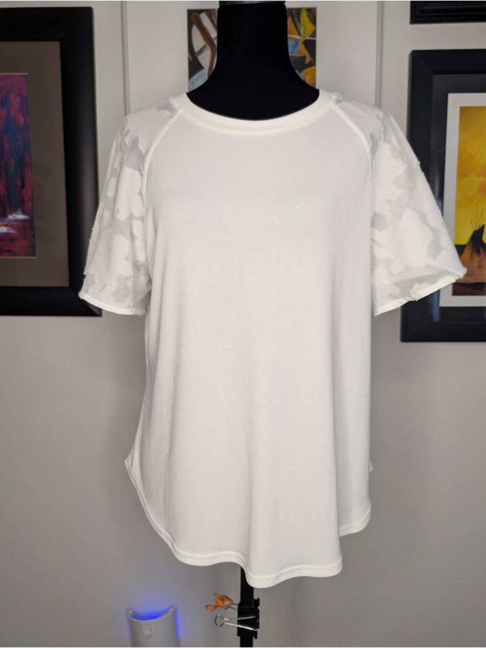 Nordstrom White Short Sleeve Top with Floral Mesh Sleeves